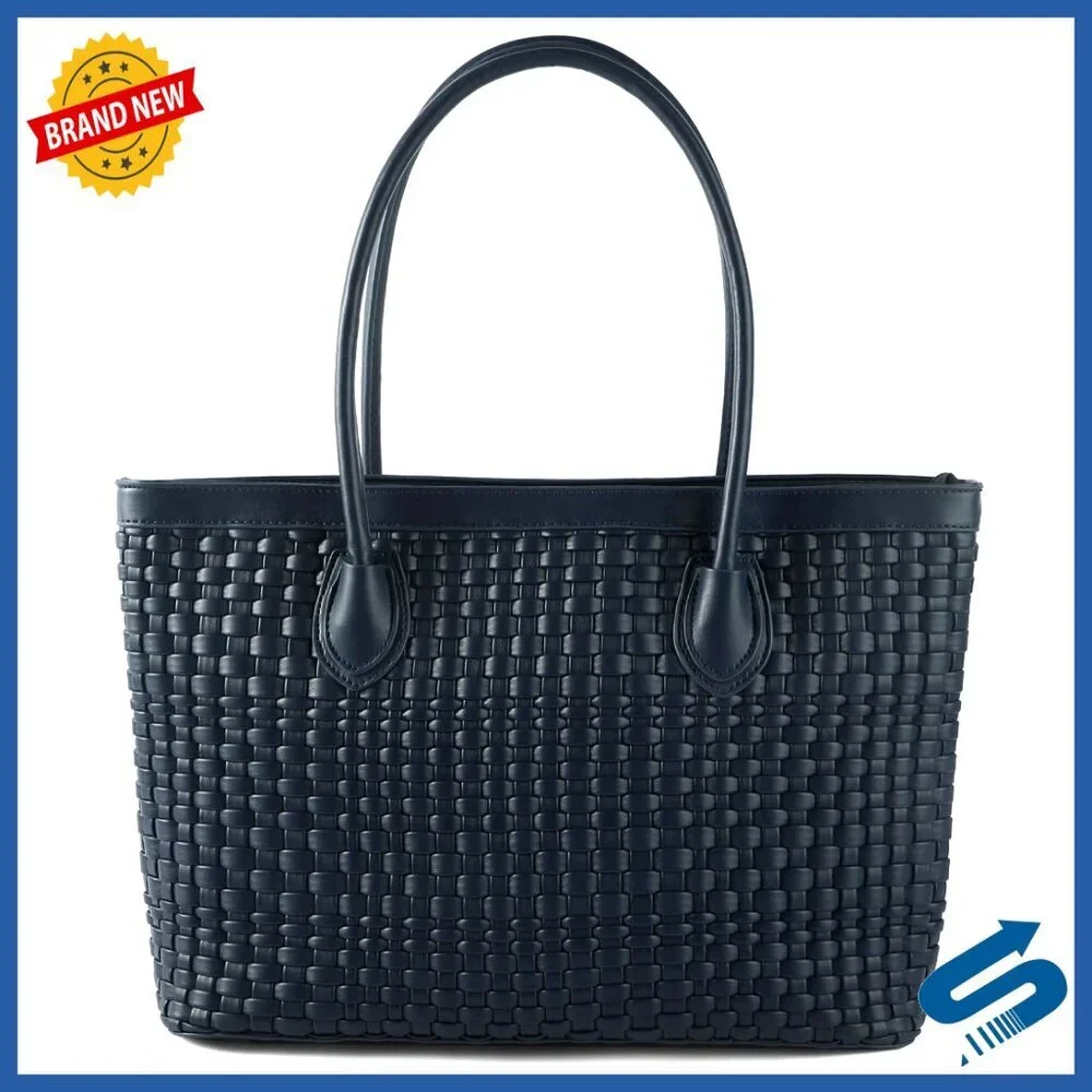 Vegan Leather Woven Tote Bag Handmade Shoulder Bag Zip Closure Travel Beach